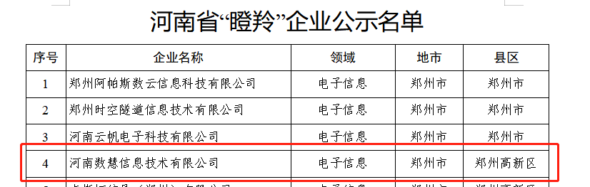 喜報！河(hé)南數(shù)慧入選河(hé)南省“瞪羚”企業庫